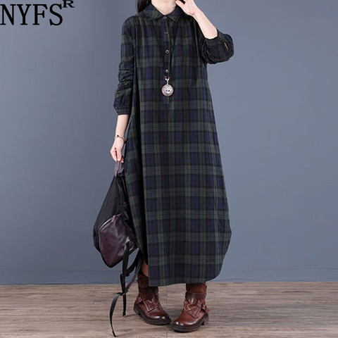 NYFS-Vestido largo holgado de algodón para primavera y otoño, traje Vintage de tela escocesa para mujer, 2022 ► Foto 1/5