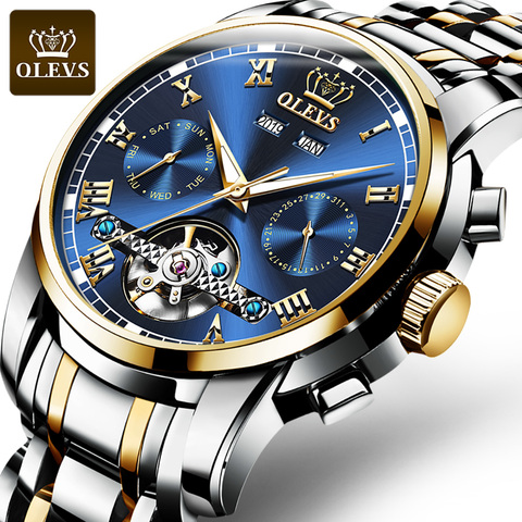 OLEVS marca reloj de los hombres reloj mecánico automático de lujo Luna phaseTourbillon reloj de pulsera para regalo para hombre negro wacth ► Foto 1/6