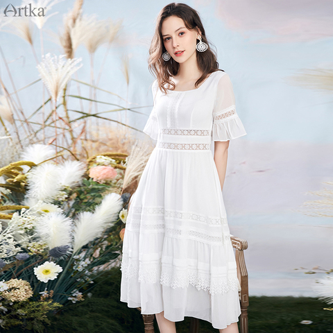ARTKA-vestido de encaje calado de cintura alta para mujer, novedad de verano 2022, elegante, blanco, cuello cuadrado Retro, chifón largo, LA25605X ► Foto 1/1