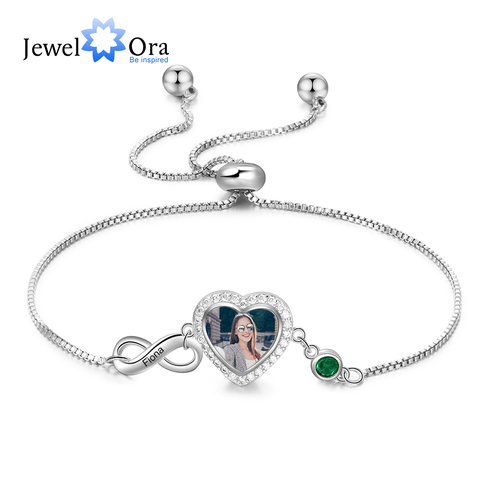 JewelOra-pulsera Infinity con foto de corazón personalizada para mujer, brazalete de cadena ajustable con nombre grabado de piedra de nacimiento personalizada ► Foto 1/6
