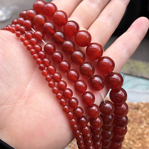 Cuentas sueltas de piedra Natural roja, gemas redondas de cornalina, hilo de 15 