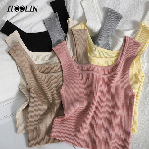 ITOOLIN-camisetas sin mangas de punto liso para Mujer, camisola para Mujer, Top corto coreano a la moda, ropa de calle Beige ► Foto 1/6