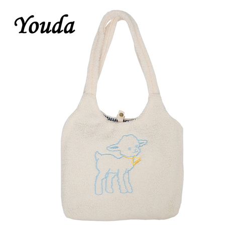 Bolso de hombro de tela de cordero para mujer, bandolera de lona sencilla, bolso de compras bordado de gran capacidad, lindas bolsas para libros para niñas ► Foto 1/6