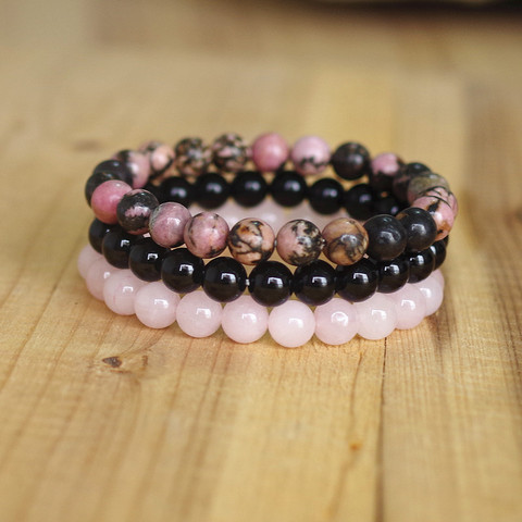 Juegos de pulseras de piedra Natural de 8mm para hombre y mujer, rodonita, rosa, cuarzo, ónix negro con cuentas, pulsera apilable, Mala ► Foto 1/6