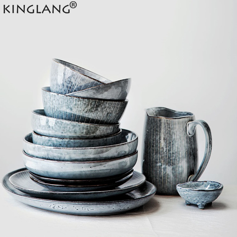 KINGLANG-Juego de vajilla de cerámica, juego de platos de diseño japonés Procelain, cuenco para restaurante, taza ► Foto 1/6