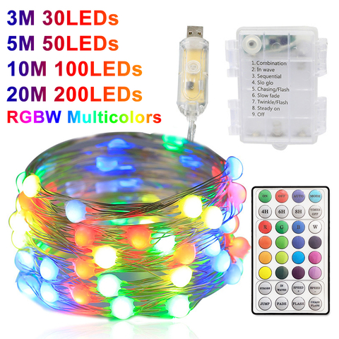 RGB LED Luz de alambre de cobre RGBW LED de secuencia de hadas de La Luz 2022 nueva decoración del árbol de Navidad luces LED 3-20M Control remoto USB luces ► Foto 1/6