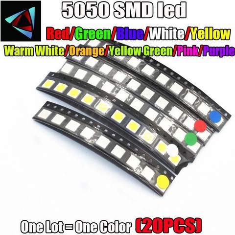 LED SMD/SMT de 5050 smd, blanco cálido, azul, verde, rojo, amarillo, rosa, naranja, púrpura, 5050, 0,2 LM, W, 20 Uds. ► Foto 1/1