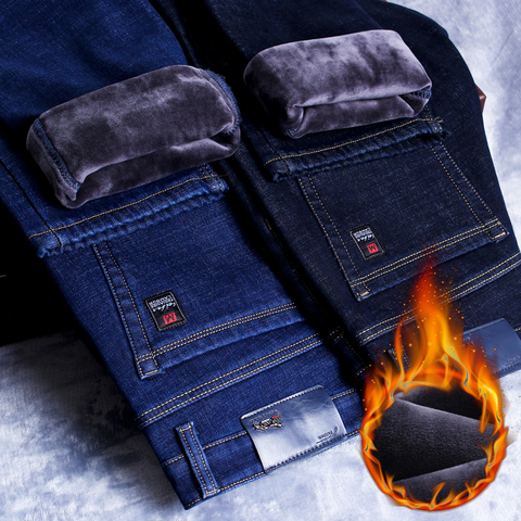 Pantalones vaqueros ceñidos cálidos para hombre, pantalones vaqueros gruesos de negocios a la moda, elásticos de forro polar, color negro y azul, novedad de invierno de 2022 ► Foto 1/6