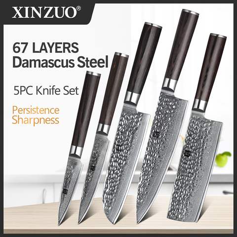 XINZUO-Juego de cuchillos de cocina de 67 capas, cuchillo de acero inoxidable de Damasco de alto carbono, Utilidad de Chef con mango de madera Pakka, 5 uds. ► Foto 1/6