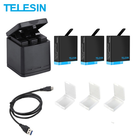 TELESIN-cargador de batería LED con 3 ranuras, caja de almacenamiento + 3 baterías + Cable tipo C para GoPro Hero 5 6 7 8, accesorios para cámara ► Foto 1/6