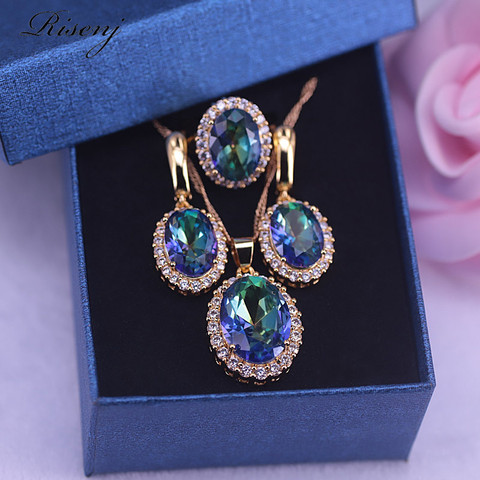 Muchos colores Oval grande circonita con color de arco iris Rosa Conjunto de joyas de oro anillo ajustable pendientes collar conjunto bonito regalo ► Foto 1/6