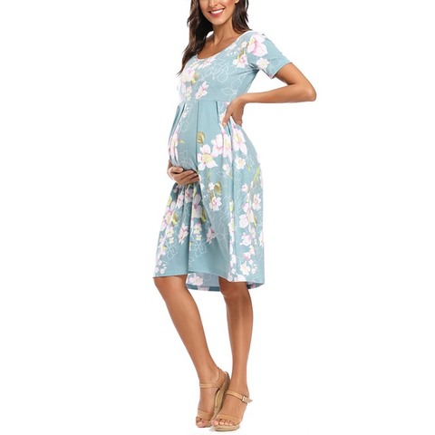 De las mujeres Floral de manga corta vestido suelto para embarazadas embarazo ropa de verano Casual suave cintura dibujo plisado rodilla de longitud vestido ► Foto 1/6