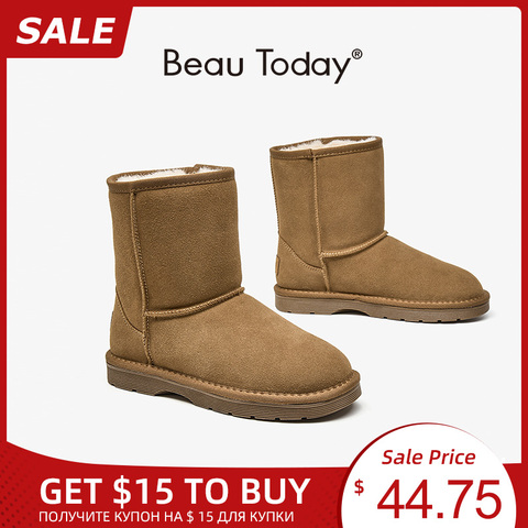 BeauToday-Botas de nieve de lana para mujer, piel de cuero vacuno Natural, sin cordones, longitud hasta el tobillo, cálidas, hechas a mano, 08025 ► Foto 1/6