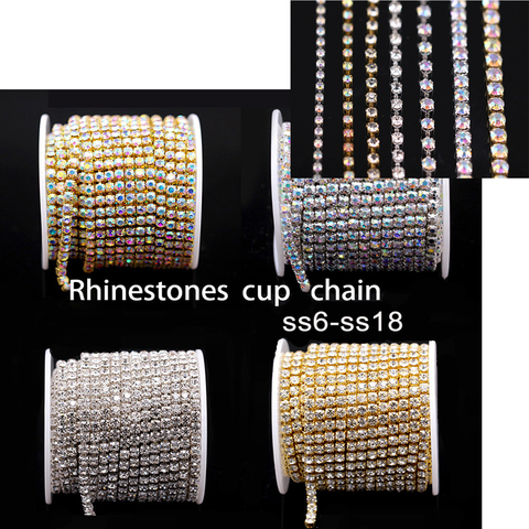 Rollo de cadenas de diamantes de imitación de Cristal AB con purpurina, SS6-SS18 para coser pegamento para ropa, accesorios de ropa DIY, cadena de Copa con adornos, 10 yardas/rollo ► Foto 1/4