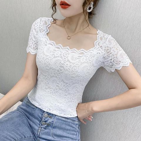 Blusa De encaje con manga corta para verano, camisa Sexy con cuello cuadrado para Mujer ► Foto 1/6