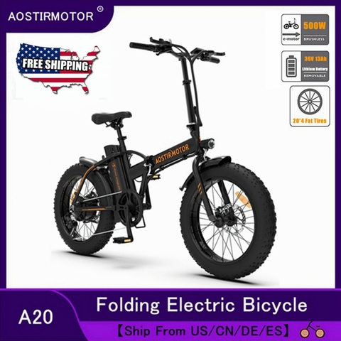 AOSTIRMOTOR-Bicicleta Eléctrica A20 para hombre y mujer, bicicleta plegable de 500W, con neumático ancho, 13Ah 36V y extraíble de batería de litio, para playa y ciudad ► Foto 1/6