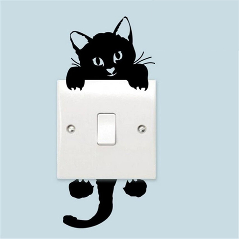 Pegatinas de pared con interruptor de luz de gato para decoración del hogar, pegatinas de pared con diseño de animales de dibujos animados, arte Mural en PVC, color negro ► Foto 1/6