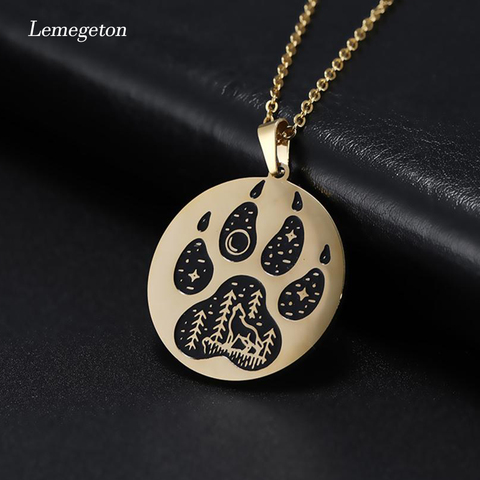 Lemegeton Cute collar con dije de huellas, collar de acero inoxidable con estampado de pata de perro y oso Lobo Solitario, collar de suéter para mujer ► Foto 1/6