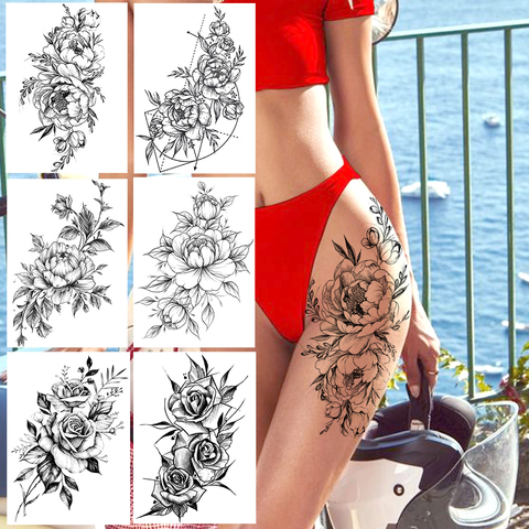 Tatuajes de peonía Sexy para mujer adulta, tatuajes temporales de flores para brazo, pegatinas impermeables con flores artificiales, tatuajes artísticos para piernas y cuerpo ► Foto 1/6