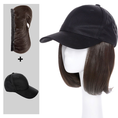 Snoilite-gorra de béisbol con pelo bob desmontable, sombrero sintético con Peluca de pelo, cabello lacio Castaño negro, pelucas cortas para mujer ► Foto 1/6