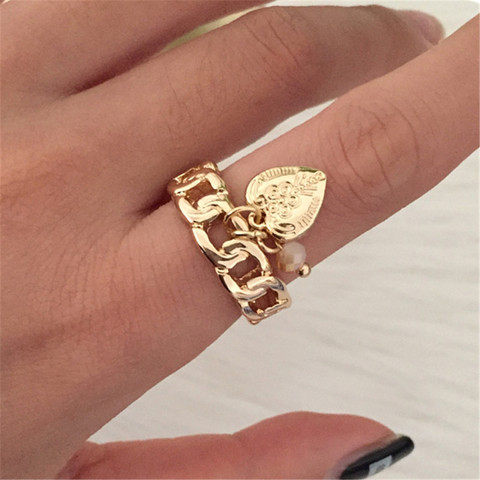 Anillos bonitos de moda, anillos con forma de cadena de Color dorado, anillos con amuleto de corazón y cuentas para mujeres y niñas modernas ► Foto 1/6