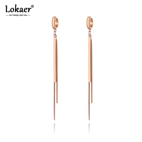 Lokaer de moda de oro rosa tira larga y pendientes de borla con cadena para mujeres niñas de acero de titanio pendientes de argolla para fiesta de E19228 ► Foto 1/5