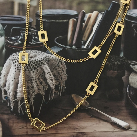 Clásico de oro Chapado en Color hueco Colgante cuadrado dos en capas largas Collar para las mujeres dama regalo de la decoración de la fiesta Casual de la joyería ► Foto 1/6