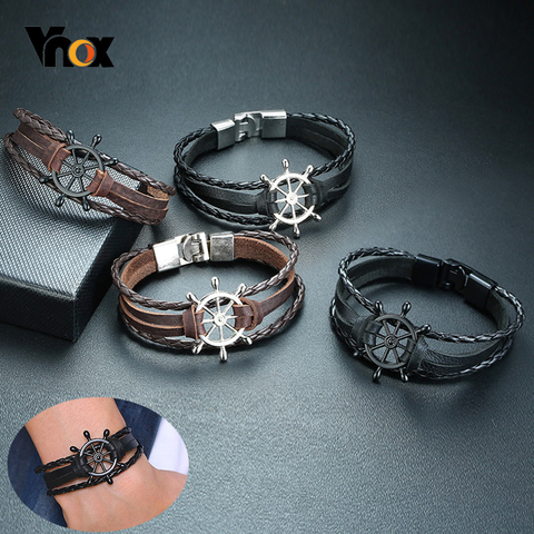 Vnox, pulseras de amuleto timón Vintage para hombre, cadena de cuero multicapa, pulseras de muñeca, joyería ► Foto 1/6