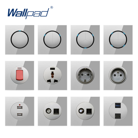 Wallpad-pulsador de clic aleatorio para pared, interruptor con toma de indicador LED, Panel de vidrio templado gris para el hogar ► Foto 1/6