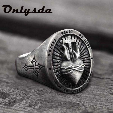 Anillo de acero inoxidable 316L para hombre y mujer, joyería con amuleto cruzado Punk, corazón sagrado de Jesús, regalo de fiesta, joyería OSR607 ► Foto 1/5