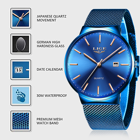 LIGE-reloj analógico de cuarzo azul para hombre, nuevo accesorio de pulsera resistente al agua con calendario, complemento deportivo Masculino de marca de lujo con diseño moderno, 2022 ► Foto 1/6