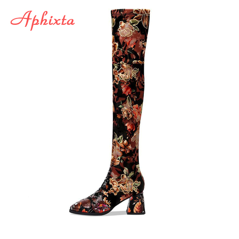 Aphixta-Botas por encima de la rodilla bordadas con flores, zapatos largos de tacón cuadrado, informales, con punta estrecha, Botas Largas ► Foto 1/6