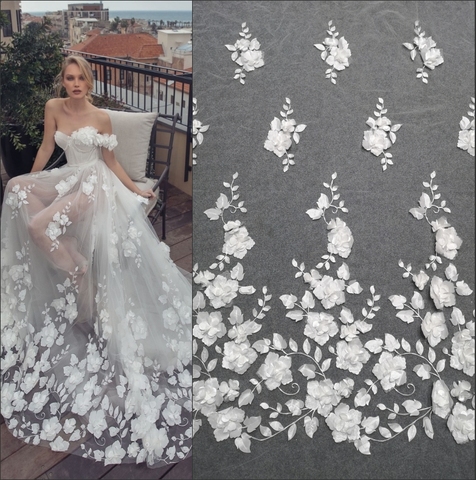 Tela de satén láser con flores 3D, accesorios de encaje para vestido de boda, aplique manos, tela de malla, RS2937 ► Foto 1/1