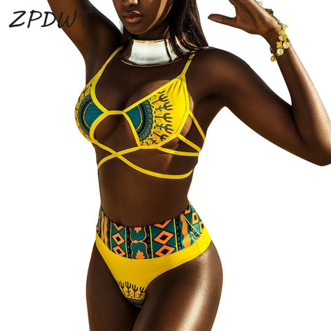 ZPDWT Sexy Tribal estampado traje de baño mujeres traje de baño africano 2022 nuevo traje de baño de talla grande Bikini de cintura alta amarillo playa traje de baño ► Foto 1/6