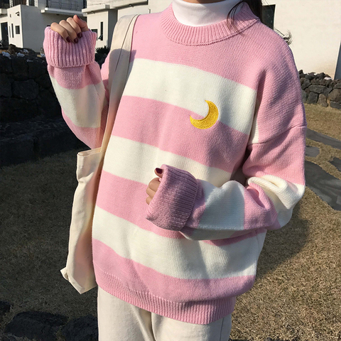 Suéteres Kawaii Ulzzang para mujer, jersey de Luna a rayas con contraste de viento universitario, ropa Harajuku coreana para mujer ► Foto 1/5