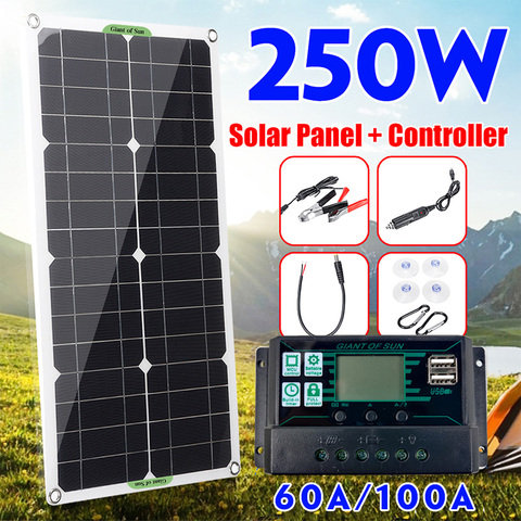 Kit completo de paneles solares para coche, cargador de batería de 250W, 12/5V CC, USB, con controlador Solar de 60A/100A, para yate, autocaravana ► Foto 1/6