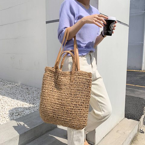 Bolso de hombro informal de paja para mujer, bandolera tejida de mimbre, de gran capacidad de ratán bolso de playa, grande ► Foto 1/6