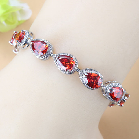 Pulsera de eslabones con forma de gota de agua para mujer, joyería de Color plateado, abalorio para novia, granate rojo, CZ, para disfraz de boda ► Foto 1/6