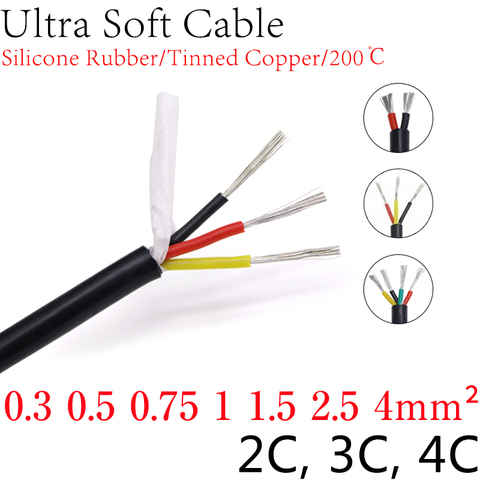 Cuadrado 0,3 0,5, 0,75 1 1,5 2 2,5 4mm Ultra suave de caucho de silicona Cable 2 3 4 núcleos aislados de cobre Flexible Cable de alta temperatura ► Foto 1/1