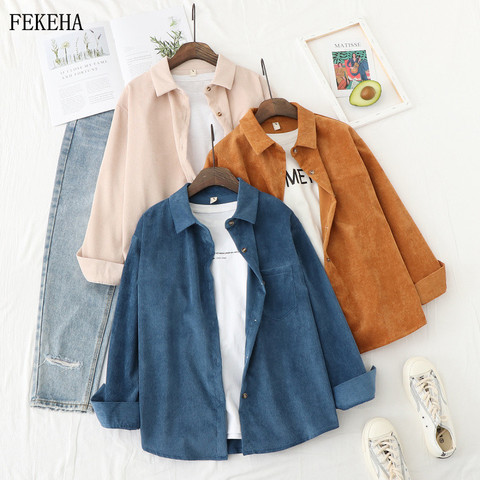 Chaquetas de pana para mujer, camisas de manga larga holgadas, blusas informales para mujer, prendas de vestir, ropa para mujer, chaqueta de primavera ► Foto 1/6