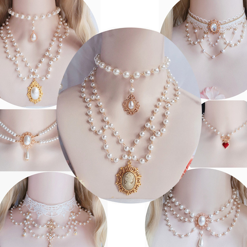 Vintage de estilo rococó boda Lolita princesa multicapa encaje collar de perlas de Gema Cadena de clavícula ► Foto 1/6