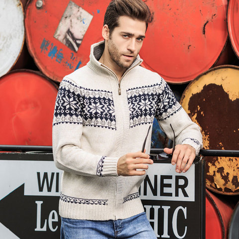 Suéter de Jacquard para hombre, cárdigan de punto con estampado de copo de nieve de Navidad, cuello alto, cremallera completa, informal, cálido, de lana, Invierno ► Foto 1/5