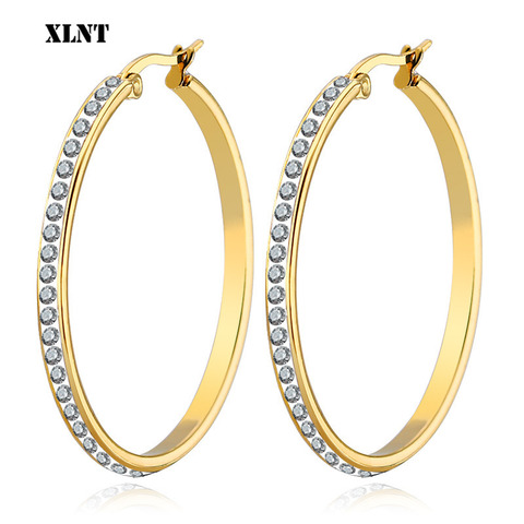 XLNT-pendientes de aro de la moda para mujer, con diamantes de imitación, pendientes circulares sencillos, pendientes de bucle de Color dorado, gran círculo, 2022 ► Foto 1/6