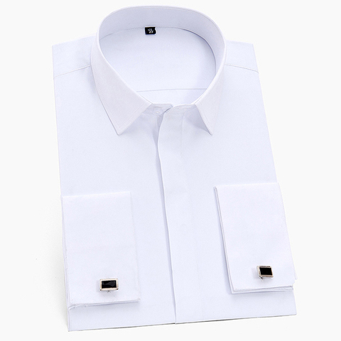 Camisa de vestir lisa con puños franceses y botones ocultos clásicos para hombre, camisas formales de manga larga de corte estándar para negocios (gemelos incluidos) ► Foto 1/6