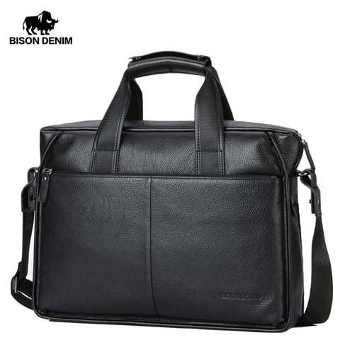 BISON DENIM Garantía Cuero Genuino Cartera de Los Hombres Bolsa de 14 pulgadas Portátil Bolsa de Negocios Bolso Del Mensajero Del Zurriago Suave N2237-3 ► Foto 1/6