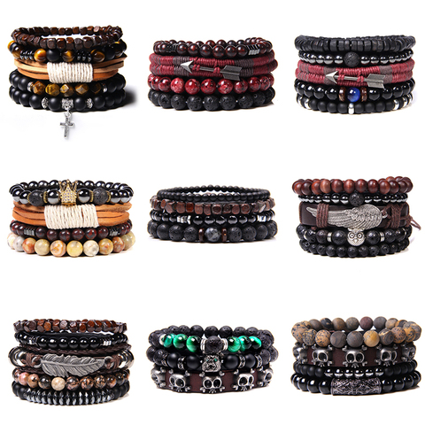 Conjunto de pulseras con cuentas de labradorita Natural para hombre, de piedra de Lava negra Brazalete, Cruz de Color plateado, Pulsera ► Foto 1/6