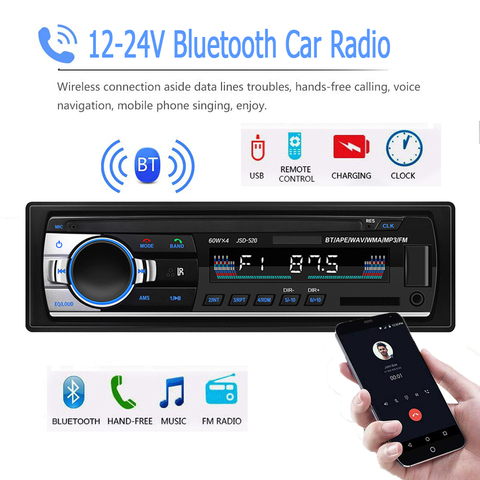 Radio Estéreo de 12V para coche y camión, receptor de entrada auxiliar, Fm, Bluetooth, 1 Din, SD, Usb, Mp3, Mmc, Wma, manos libres ► Foto 1/6