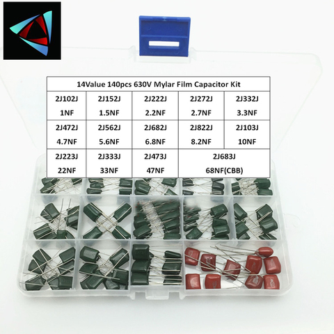 Kit surtido de condensadores de película Mylar, 140 Uds., 14valuesX10 Uds., 630V, 2J102J ~ 2J683J 1nF ~ 68nF, condensador de película de poliéster 2J222J 2J152J ► Foto 1/1