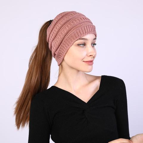 Gorros de lana con cola de caballo para mujer, gorros de punto, suaves y cálidos, para Otoño e Invierno ► Foto 1/6