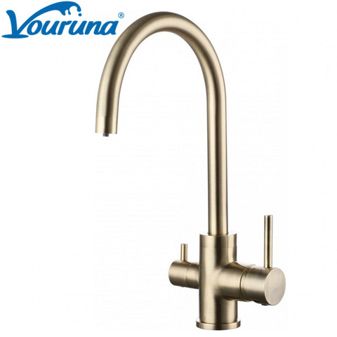 Vouruna-Repisa de lavabo para beber, de tres vías grifo de cocina, con filtro de triple flujo, color dorado cepillado ► Foto 1/6